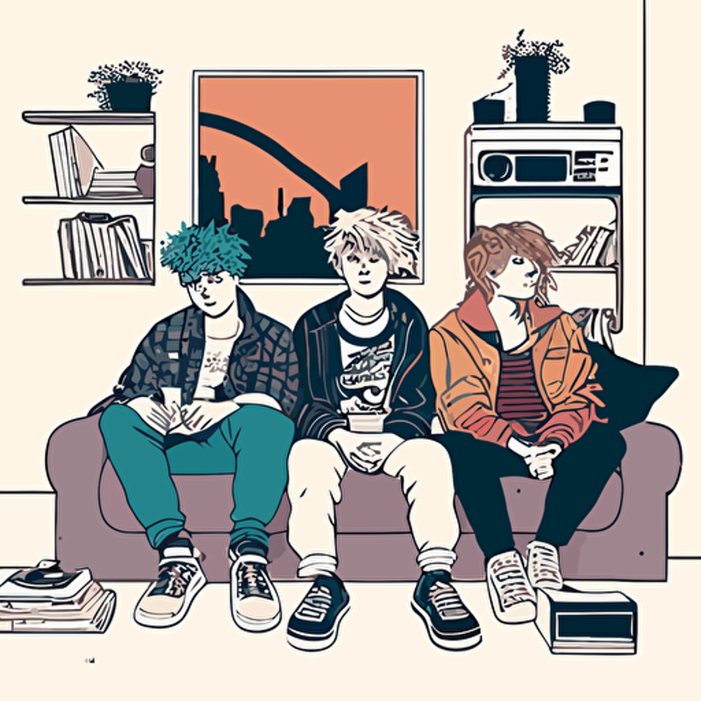3 young, in the ´90, sitting on a couch. The room is messy, there are clothes thrown on the floor. The walls have posters of rock bands. There is a shelf with stacked records. vector geometric Simple Lineart