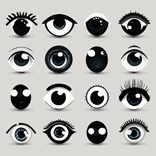 a collection of simple minimal cartoon vector illustration eyes in different styles, flat style, black and white