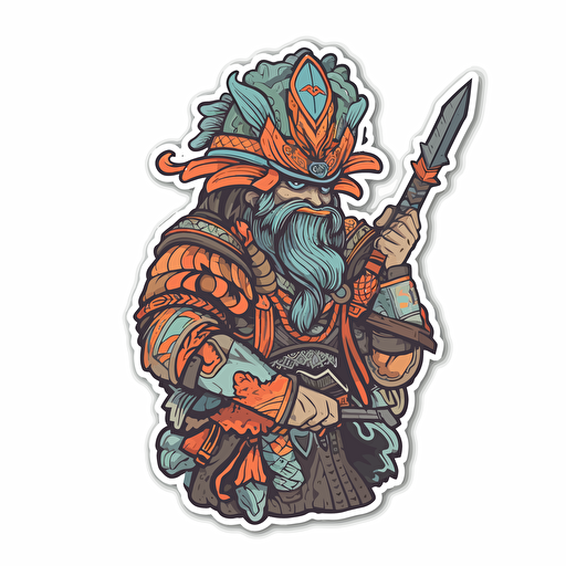 A warrior, Sticker, Playful, Cool Colors, Retro, Contour, Vector, White Background, Detailed