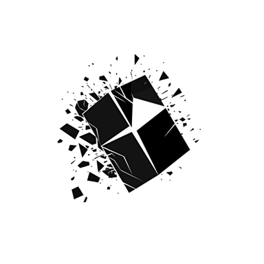 minimalistic vector logo. black and white. a cube. A corner of the cube is bitten off. bitemark. corner destroyed. flat. 2d.