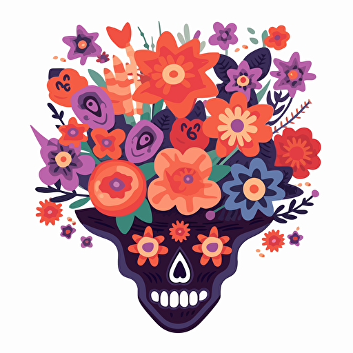 sinister-looking Texas-style flower bouquet in vector art cartoon style, hearts, flat color, white background