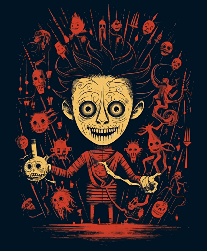 horror pinochio, vector, drybrush, flat illustration, linoprint, dark fantasy, horrific, oni, paranormal, weirdcore, whimsigothic