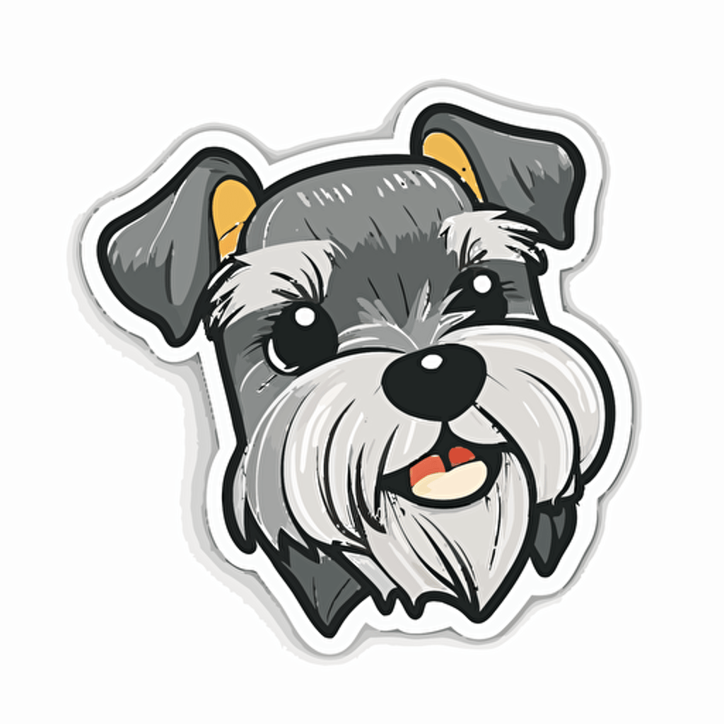 Cute, happy, smiling miniature schnauzer dog head sticker logo, chibi style, cartoon, clean, vector, 2d, white background, no accessories, without accessories, no text, without text