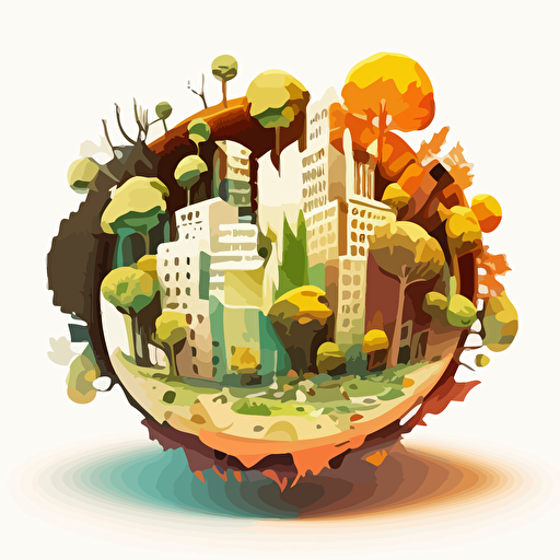 a 360°C model that explodes with an imaginary city and nature. Vector and childish style. Very colored. white background without shadow.