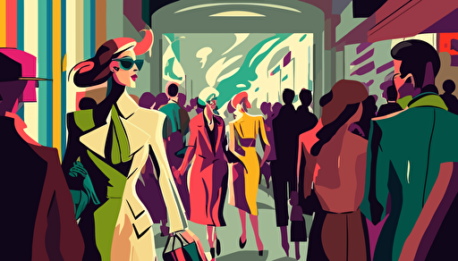 The Entrance to a fashion store in a crowded shopping mall, in the style of lively tableaus, li-core, colorful, vectorized