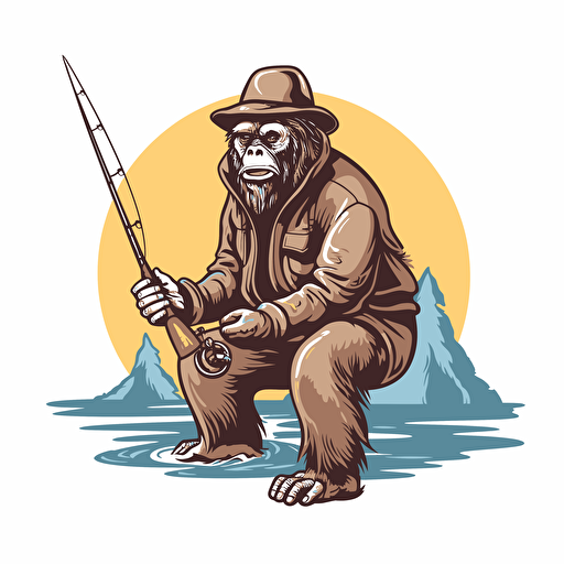 smiling bigfoot with trucker hat posing on one knee holding a rainbow trout with fly rod and net, in style of outdoor logo, isolated on white, no background, vector art