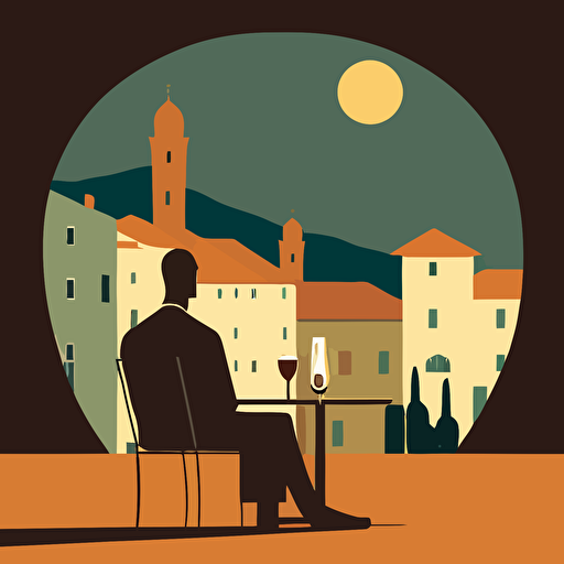 simple illustration, man sitting at alfresco table drinking wine, looking out over the piazza, motif style, vector**