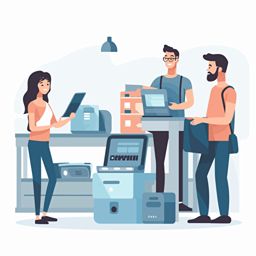 detailed vector animation of happy customers using machine and devices