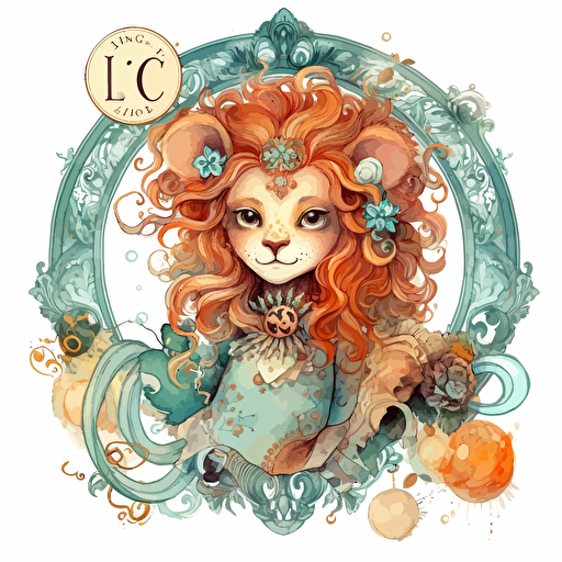 Whimsical Victorian Rococo zodiac leo, detailed, cartoon style, 2d watercolor clipart vector, creative and imaginative, hd, white background