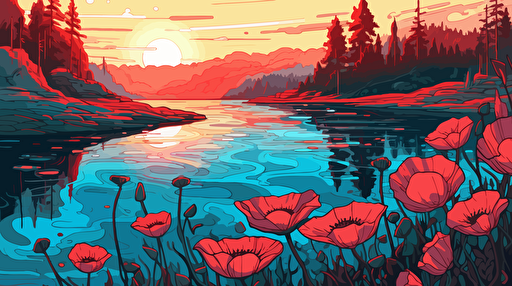 2d vector illustration blue and red flower and lake
