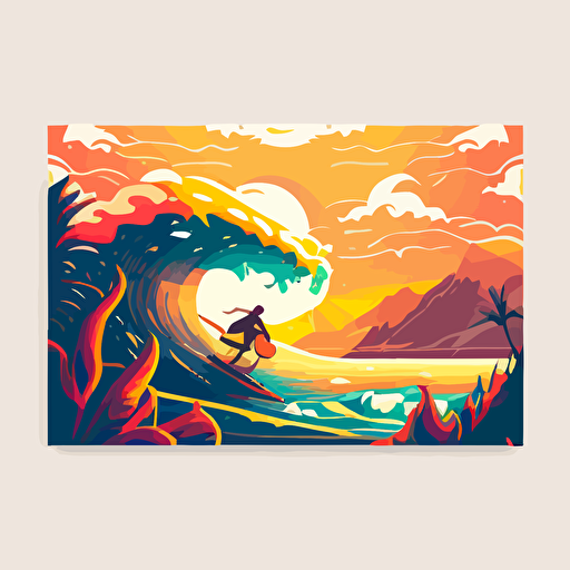 summer surfing vector illustration, in a clean, simple design, on an easily removable background, wide view, atmospheric, animecore::4