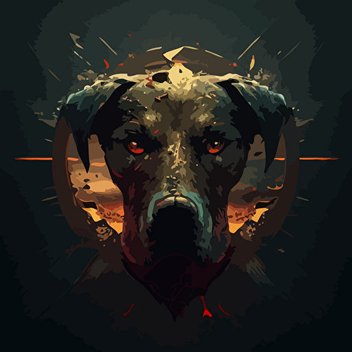 aggressive dog with very thick head:: 5scar over eye:: 2 vector logo: hells gates background
