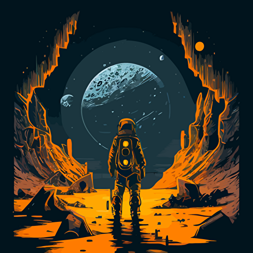 Drawing from the sci-fi genre, design a vector illustration of Satoshi Nakamoto as an interstellar traveler, exploring new planets and civilizations while spreading the word about cryptocurrencies and blockchain technology. Set the scene in a futuristic space setting.