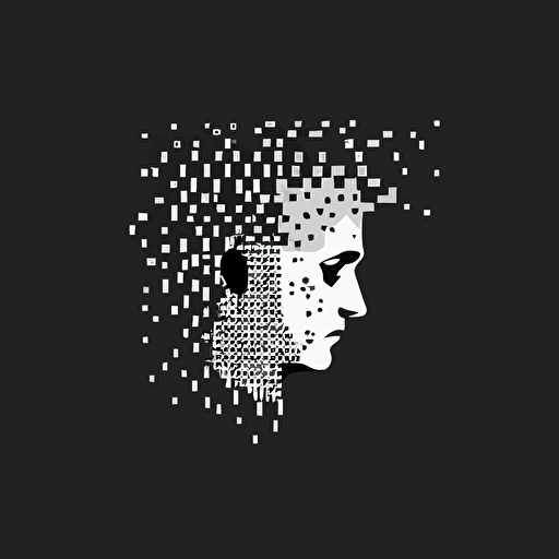 vector art, black and white, flat design , design me a minimalistic logo of a human head that is dissolving into square pixels by Paul rand