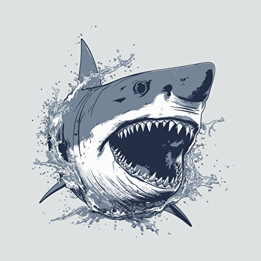 minimalistic vector art great white shark, blitzing forward, fierce expression, extremely foreshortened, mouth open
