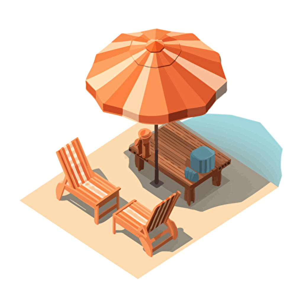 Create a isometric beach and sea with a deck chair and parasol vector