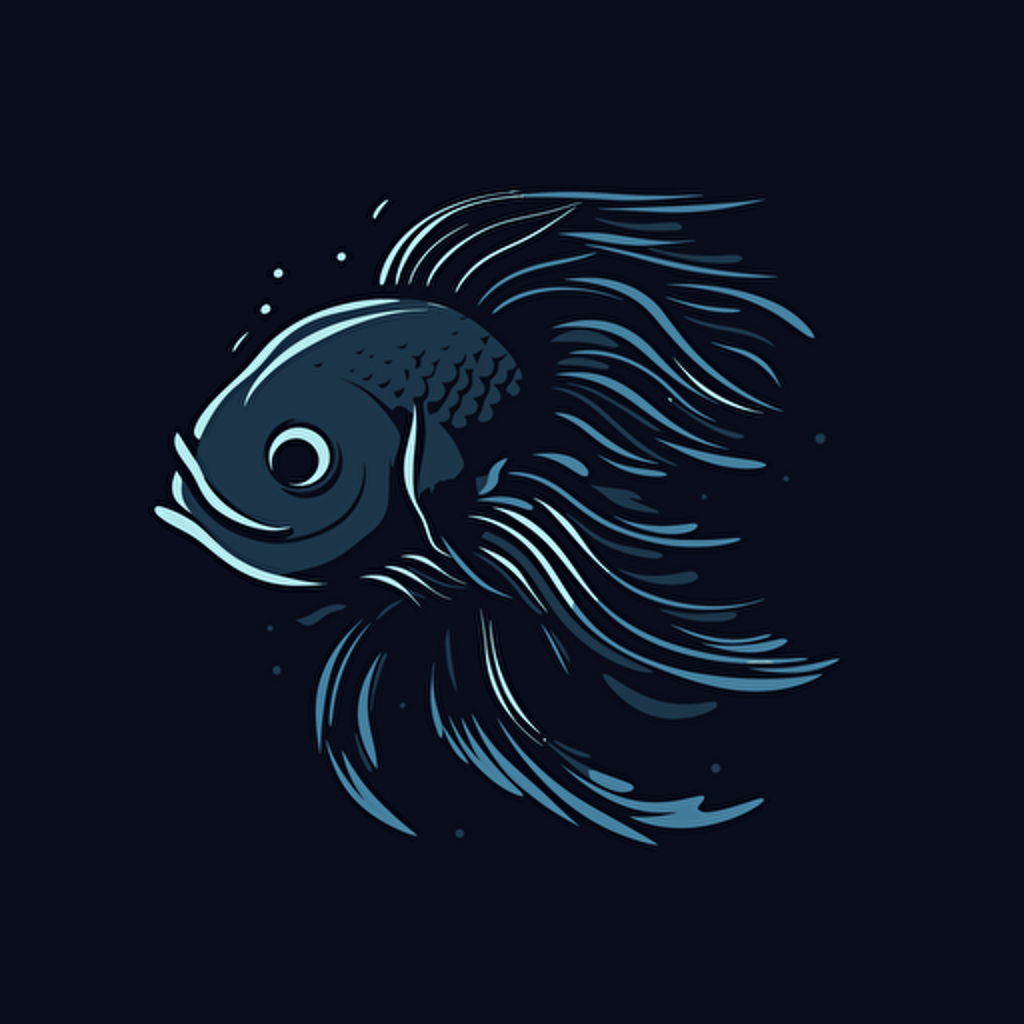 simple vector art logo, dark blue beta fish, pure black background