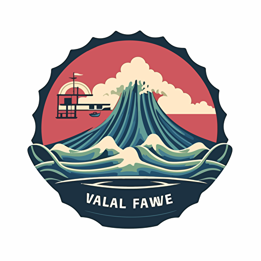 Flat vector media page logo with fuji hill and wave, retro, japanese style