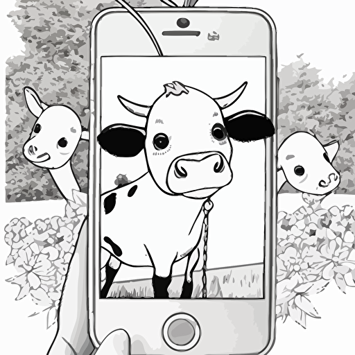A cute cow chibi, vector, black and white, coloring page, disney on selfie