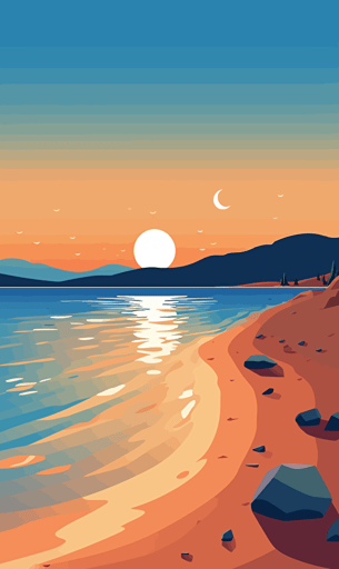 greek sea, sky, orange and blue, sand, vector style,