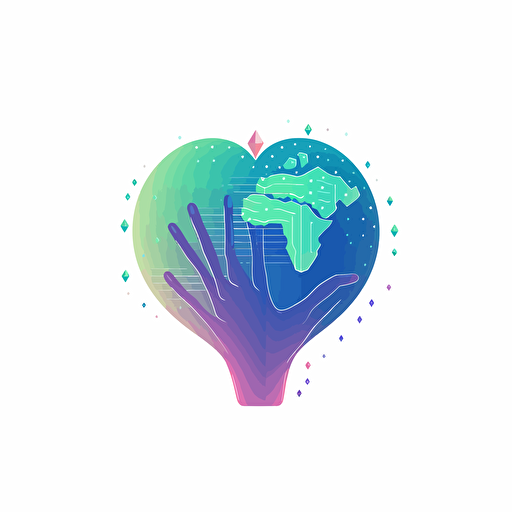 Abstract minimalistic gradient vector logo of a hand cupping a heart shaped earth, the earth is made of data points, blue, green and pink