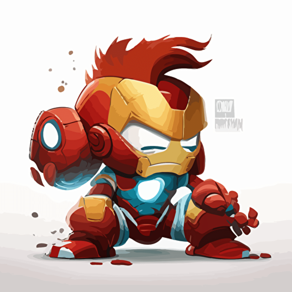 A saturated colorfull baby fur iron man, goofy looking, smiling, white background, vector art , pixar style