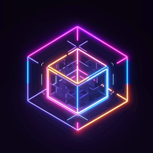vector logo, minimal design, neural blockchain block, neon cube wireframe