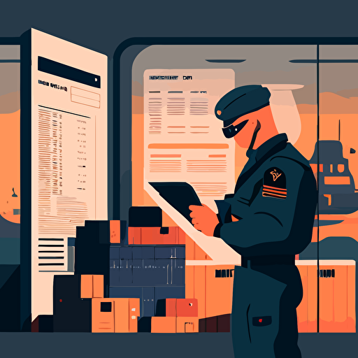 vector art of customs officer checking for imported container and doing paperwork