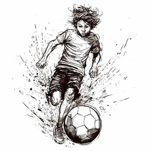 vector illustration ink drawing of young boy kicking a soccer ball with white background