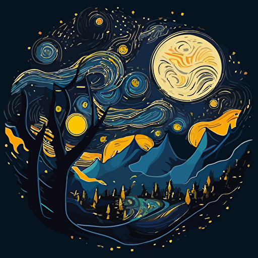 Design a vector art tribute to "The Starry Night" by Van Gogh, combining elements of the original painting with a contemporary pop art twist.