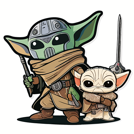 smiling baby yoda standing together with Mando from Mandalorian , Sticker, Ecstatic, Flashy Colors, outsider art style, Contour, Vector, White Background, Detailed
