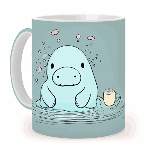 Create the layout proportionate for an 11oz coffee mug, kawaii style cute Manatee swimming in a calm lagoon, cartoon style, vector contour, pastel colors, white background
