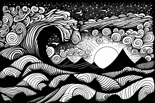 Svg vector drawing, doodle style, detailed sharp artwork, waves, by Karla Gerard, black thick outline on white