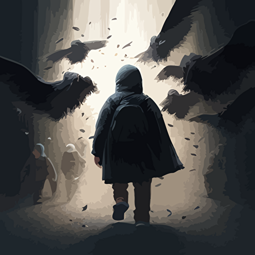 a swarm of dementors from Harry Potter flying towards a small young boy who stops them directly in their tracks with a shield shaped like a viral vector