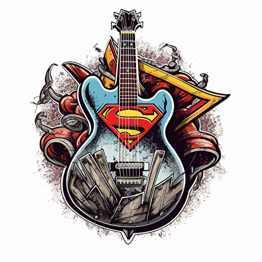 high resolution vector logo of a superman inspired logo with the name of a rock band integrated. Bright colors. White background.