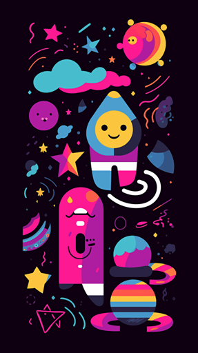 Creativity expression in vector art, minimal style, space, stars, sky, cartoon style, duolingo style, objects with a black stroke, beautiful colors, pastel and neon background