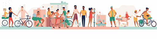 people drawing a roadmap on a long canvas, different kinds of skin and hair and gender, fun start-up, colorful vector illustration for slide presentation, flat color palette, true white background