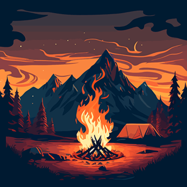 a vector image, camp fire, mountains, evening, smoking going up into the air