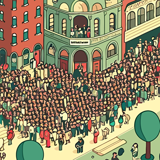 Inspired by "Where's Waldo?" create a vector illustration of a bustling city square filled with people, with Satoshi Nakamoto cleverly hidden among the crowd. Set the scene on a busy day with lively street performers and market stalls.