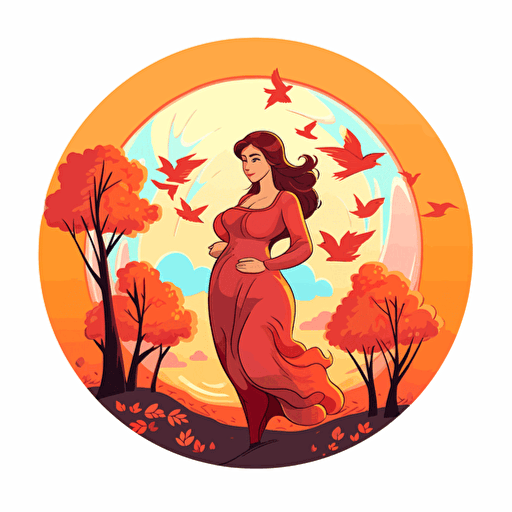 2d illustration, pregnant mother, autumn simple vector colorful sticker