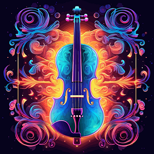 a violin, surrounded by elegant musical motifs, 2d vector, neon colours, epic composition, vector design on the edges of the image