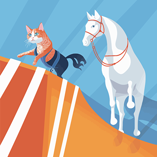 An illustration of a cat that American Shorthair with orange stripes on a white background and a horse that sky-blue furred with white skin climbing in artificial climbing wall, bright sunny day, cheering crowd below, Vector illustration with a clean, modern style, created using Adobe Illustrator, 1:1 ratio,