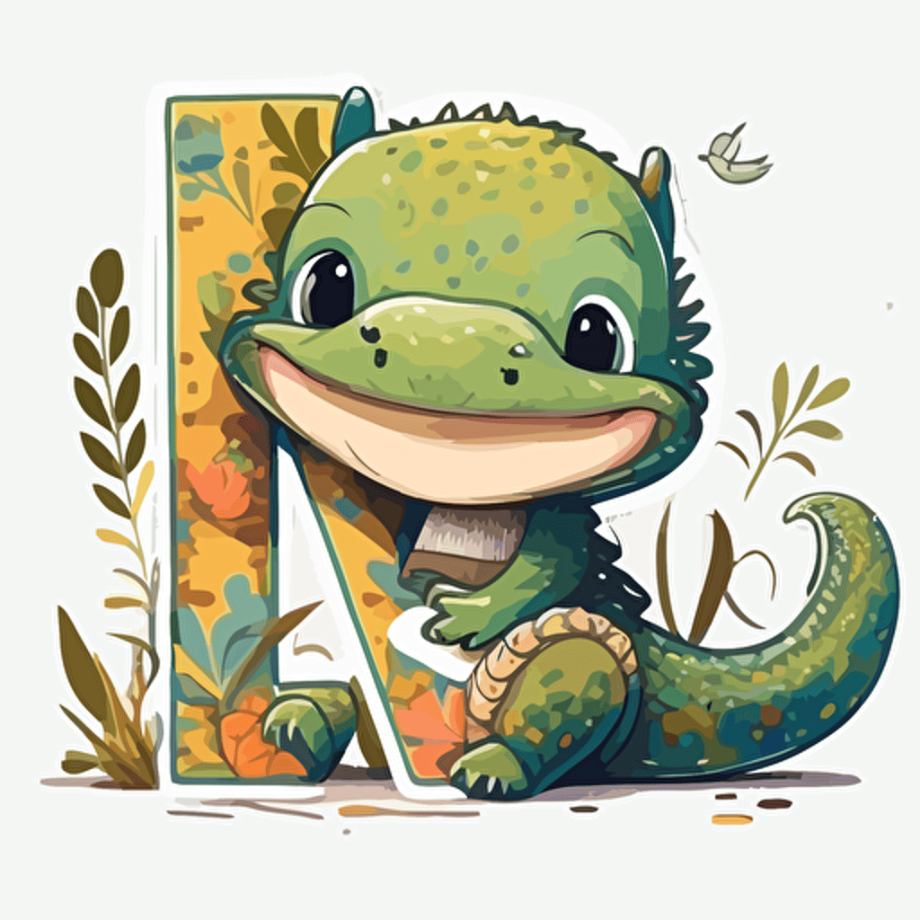 sticker flat vector art,2D chibi, baby alligator sitting on the letter A,cute,colorful disney-inspired