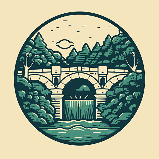 a company logo featuring a Roman bridge, symbolizing the challenge of venturing into a new world. Incorporate elements that evoke a sense of exploration, innovation, and determination. Simple 2d vector art.