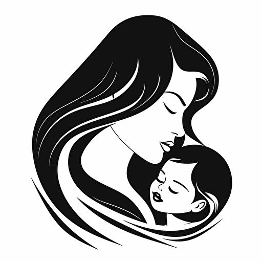a stunning mother nursing her baby, flowing hair, loving, half body, black and white vector-logo, strong contrast, white background, simple:: baby against mother's chest::0.5