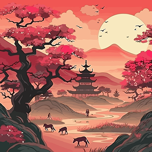 An illustration of an Japan landscape, with cherry blossom tree, animals, sun, limited color pallete, beautiful, detailed, vector, svg, shadows, highlights, inspiried by art by Andrey Prokopenko, hi res