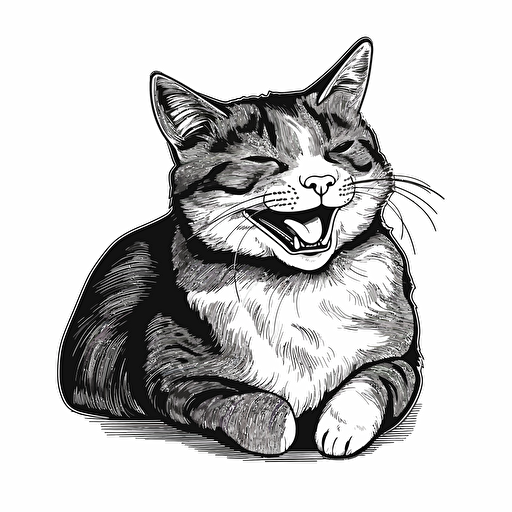 cat laughing, black and white illustration, vector isolated on white