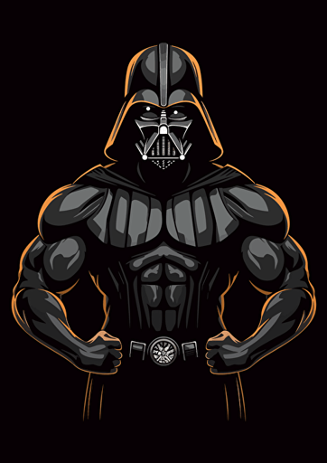 Darth Vader bodybuilder, minimalist logo, black background, 2D flat vector, standing in a powerful pose