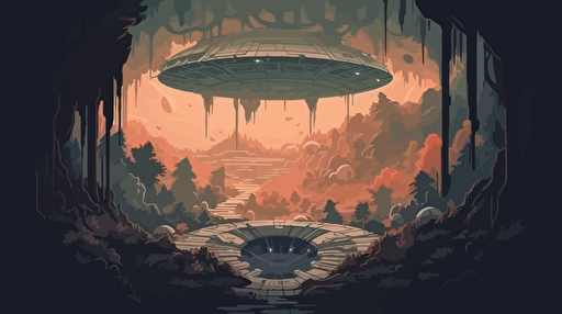 an impact site from a crash-landed ship on a foreign jungle planet in the middle of a forest, slightly dark, mysterious, birds-eye view of crater surrounded by foreign flora, flat vector illustration