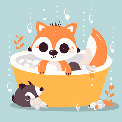 baby animal in a bathtub, cute, vector style, flat design